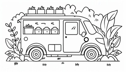A charming coloring page featuring a van brimming with potted plants. Perfect for kids' activities, nature-themed projects, or educational materials.