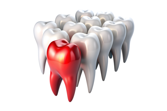 Sore tooth amidst healthy teeth isolated on transparent background. png