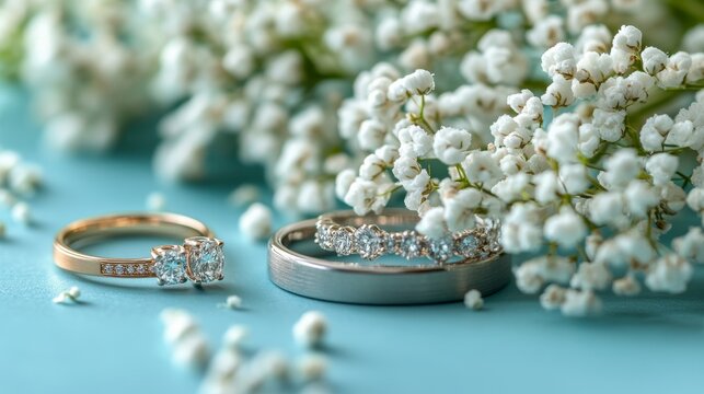 Elegant wedding ring and invitation with roses and babys breath on a soft pink background