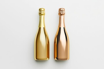 Gold, rose gold mini champagne bottles studio shot, white background, celebratory