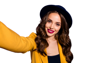 Self-portrait of her she nice-looking attractive lovely winsome modern lovable fascinating cute cheerful cheery wavy-haired lady isolated on bright vivid shine violet background