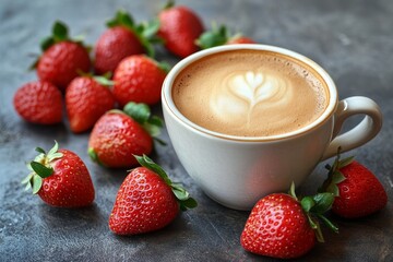 Fresh strawberries accompany a warm cup of coffee on a rustic table in a cozy setting