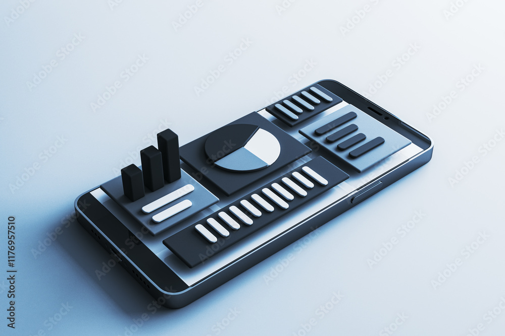Poster Smartphone displaying 3D financial graphs and charts in modern design on gradient background. 3D Rendering