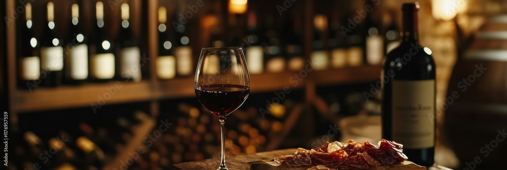 Aufkleber Elegant wine cellar featuring vintage bottles and a tasting setup with red wine and charcuterie. Generative AI