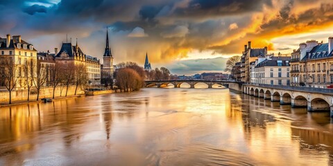 Fototapeta premium Parisian Seine River Flood, Winter - Rising Waters & Cityscape