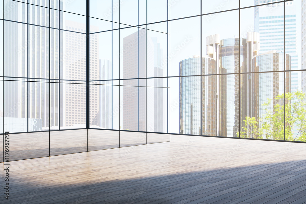 Poster modern open interior with glass walls and large windows showcasing a city view on a sunny day. 3d re