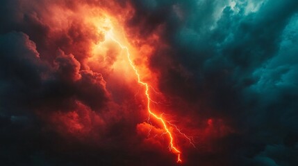 Fototapeta premium Striking lightning illuminates a stormy sky at dusk over a rural landscape