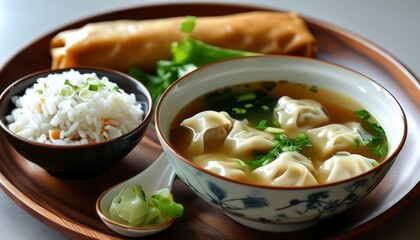 Wonton Soup with Rice and Spring Roll Served in a Beautiful Wooden Plate