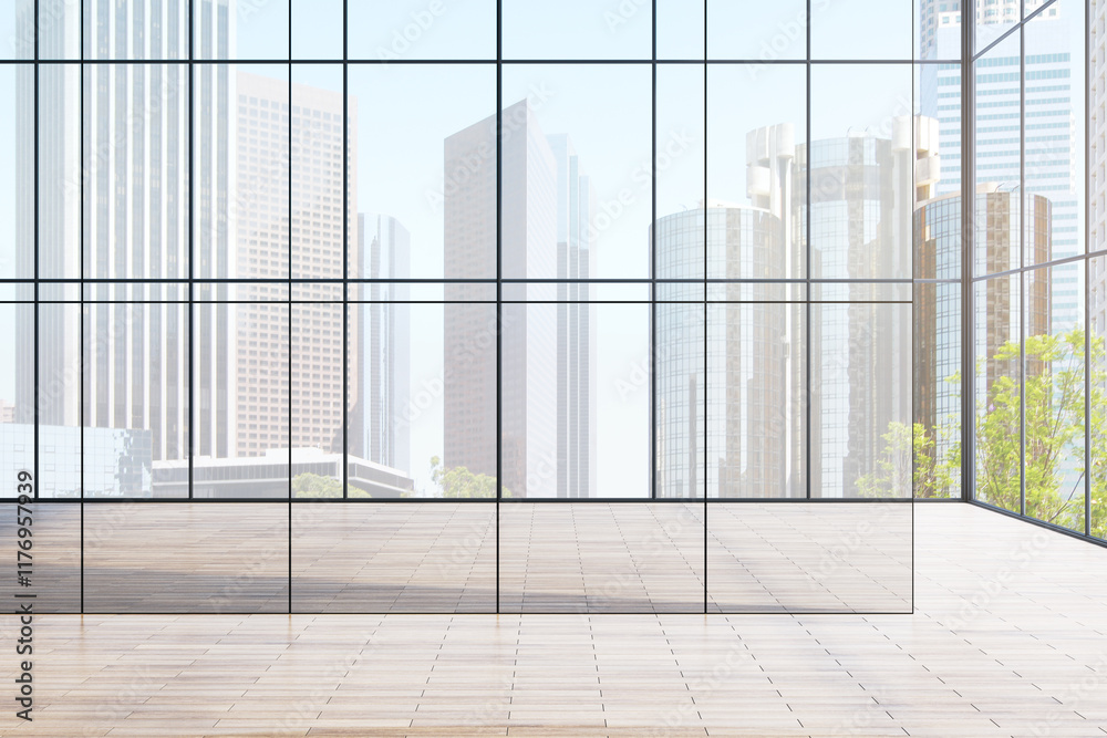 Poster Spacious open room with large glass walls and a view of a modern cityscape in daylight. 3D Rendering