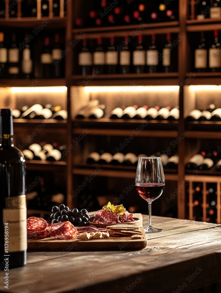 Aufkleber Elegant wine cellar featuring vintage bottles and a tasting table with red wine and a charcuterie board. Generative AI