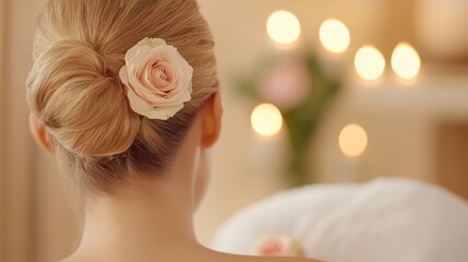 Naklejka premium Elegant Woman with Rose Flower in Updo Hairstyle Enjoying Relaxing Moment