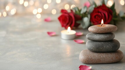 Enchanting Zen Moment with Candles Stones and Rose Petals