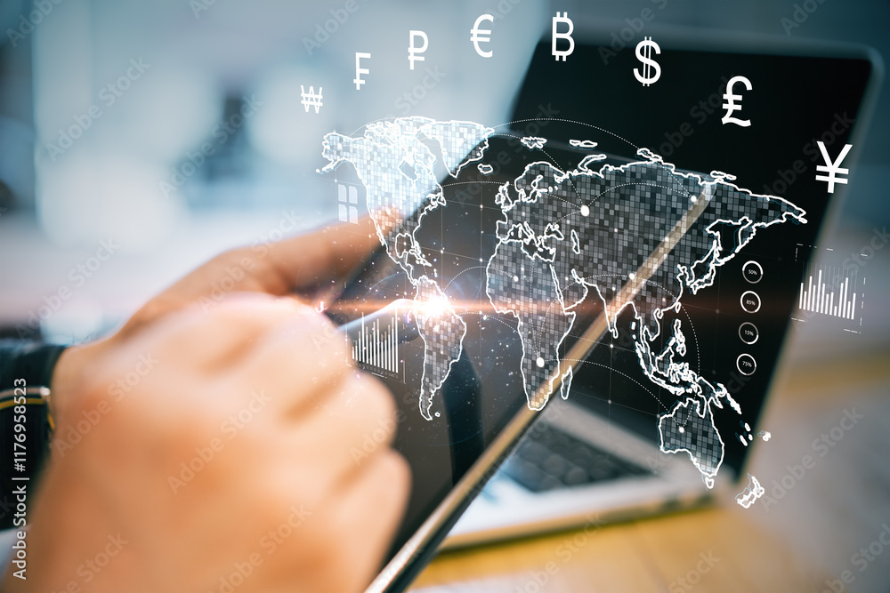 Poster Digital interface showcasing global currency exchange rates with a world map overlay on a tablet screen in a business context.