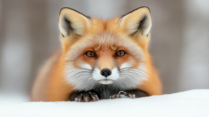 Obraz premium Graceful red fox resting in snowy woods during the winter season, showcasing its vibrant fur against the serene white landscape