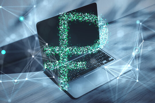 Digital ruble symbol hologram on laptop screen, network connections in background.