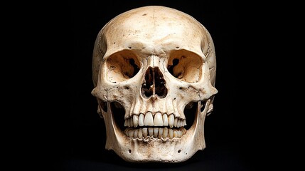 Fototapeta premium Detailed human skull on display against a black background in a museum setting