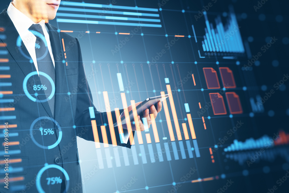 Poster Businessman analyzing financial data on screen with graphs and charts in neon digital display.