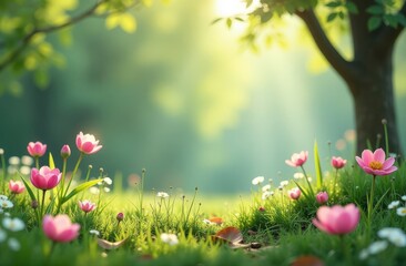Beautiful view of trees and pink flower blossoms background. Perfect for spring-themed designs, nature inspired concepts, or Easter celebrations.