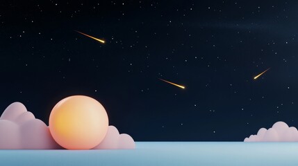 Serene Night Sky with Shooting Stars and Illuminated Sphere
