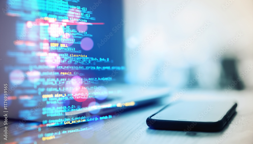 Aufkleber Laptop screen displaying colorful programming code with a smartphone on a desk in a blurred office setting.