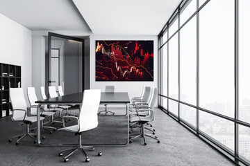 Modern conference room with financial crisis graph on the screen, city view through large windows, minimalist interior design. 3D Rendering
