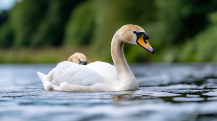 Fototapeta premium Swans gliding gracefully on a tranquil lake surrounded by lush greenery on a sunny day
