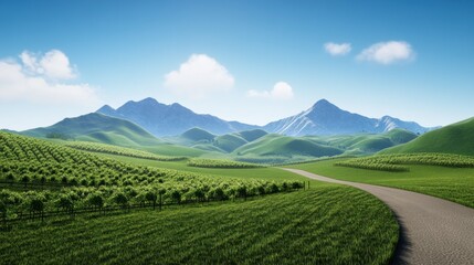 Fototapeta premium Lush green landscape with rolling hills and distant mountains.