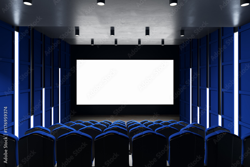 Poster modern cinema theater interior with empty seats and blank screen in a dark hall, featuring blue wall