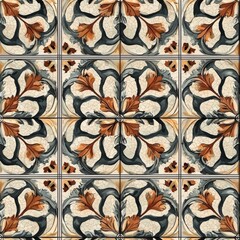 A decorative tile pattern featuring floral motifs in earthy tones, creating a harmonious and artistic design.