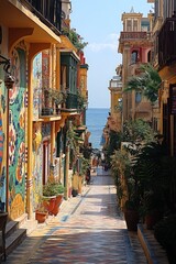 Fototapeta premium Narrow, colorful street, ocean view, plants.