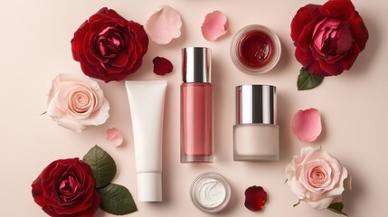 Luxurious Skincare Flat Lay with Rose Petals and Beauty Products