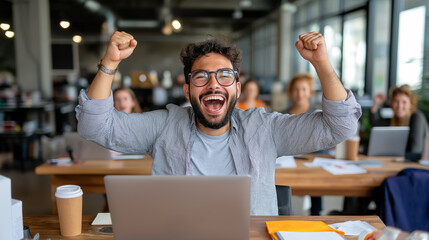 Fototapeta premium Team joyfully celebrates successful project completion in a modern office environment