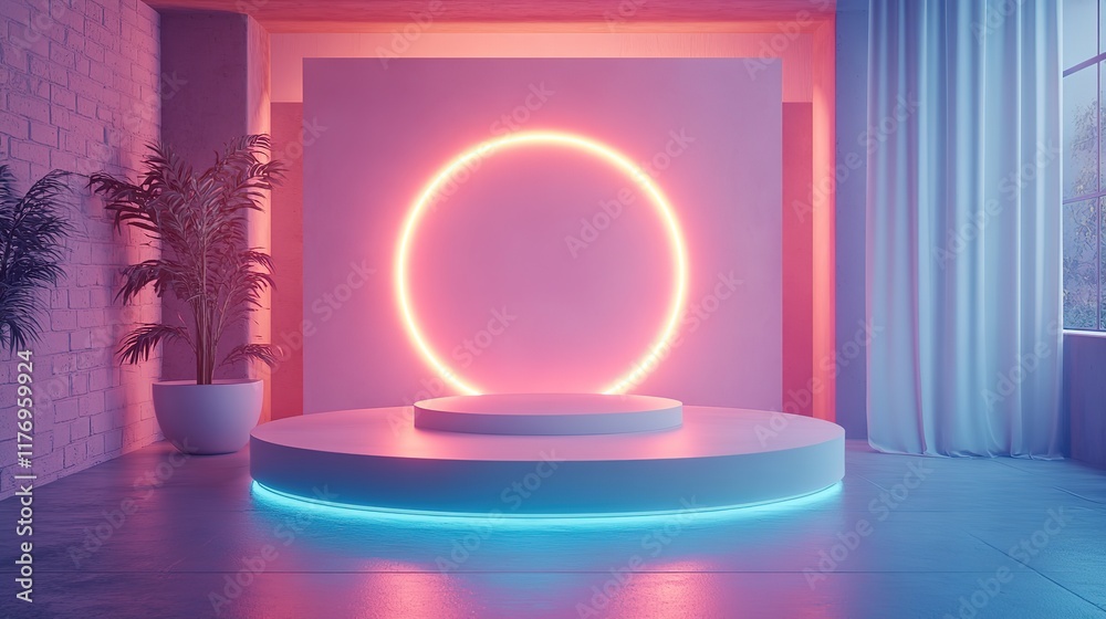 Poster a futuristic 3d podium with a glowing circular design serves as a high-tech stage for a product disp