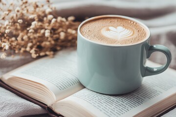 Cozy Coffee Mug with Latte Art Resting on an Open Book Surrounded by Dried Flowers and Bathed in Soft Overcast Lighting