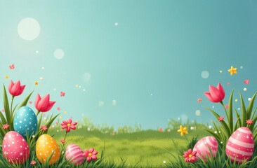 Colorful Easter eggs in spring meadow with flowers. Easter holiday background with copy space. Easter eggs in grass on lawn.