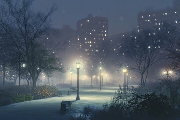 Misty evening in an urban park with glowing street lamps and faint city skyline