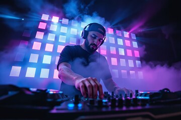DJ performing on neon-lit stage with vibrant lights and fog-filled background.