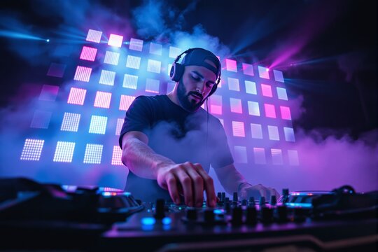 DJ performing on neon-lit stage with vibrant lights and fog-filled background.