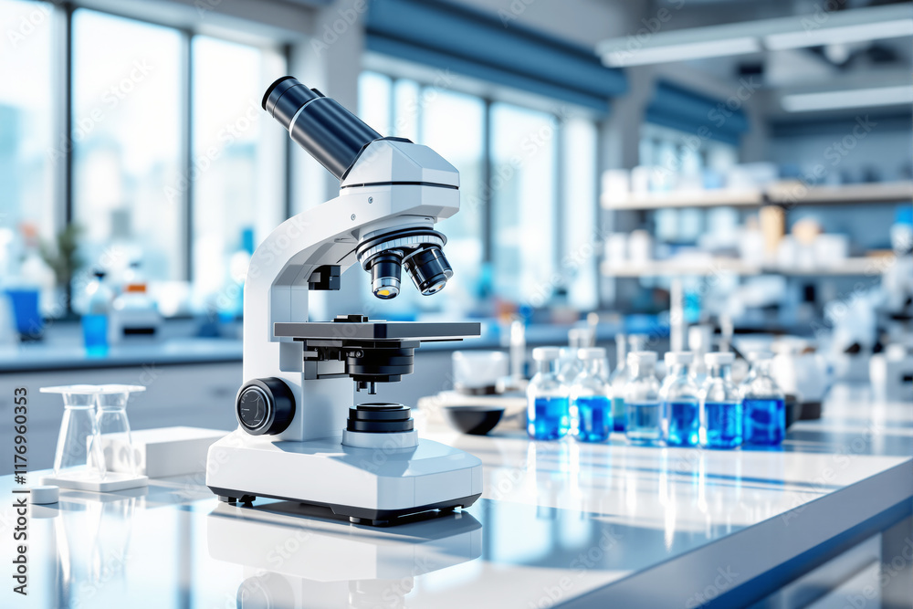 Poster Laboratory microscope on table in a modern lab environment with glassware and blue liquids.