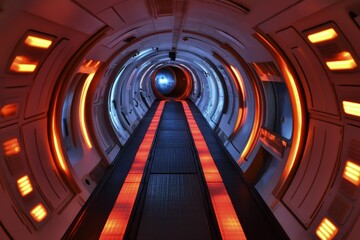 a long tunnel with a long red light at the end