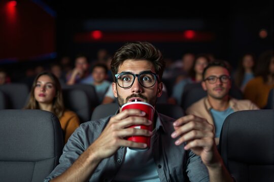 A man watching a movie in a cinema with a surprised expression holding a drink cup.