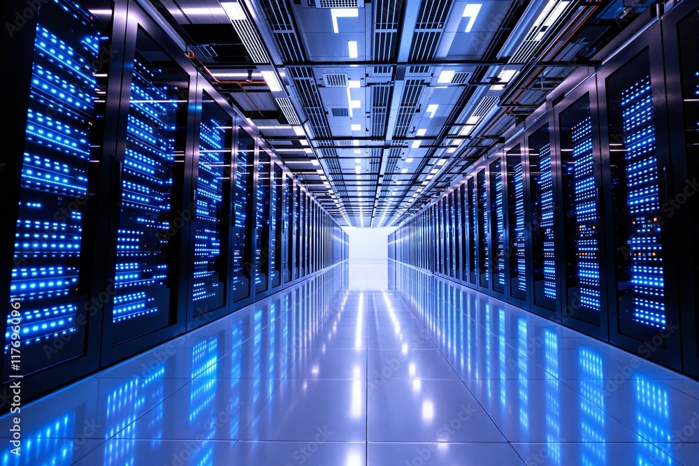 Poster brightly lit data center corridor with glowing server racks and reflective polished floor.
