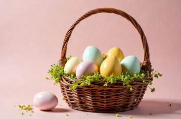 Basket with Easter colorful eggs on pink background with copy space. Spring easter background.