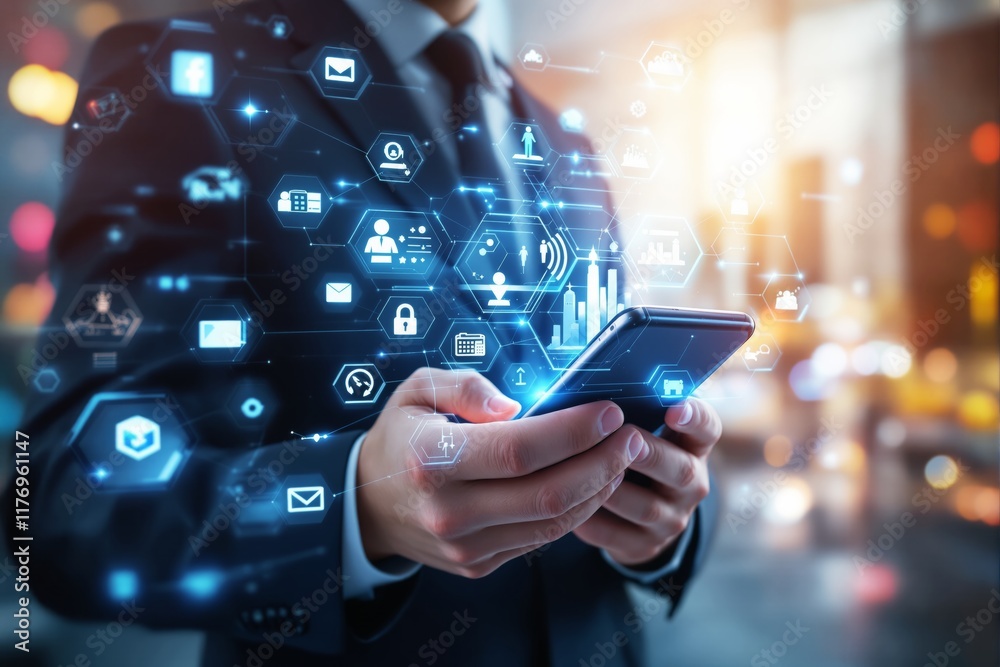 Poster businessman holding smartphone with digital icons and holograms in glowing light background. concept