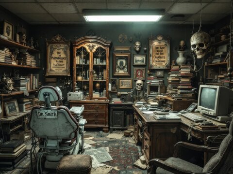 Dr. Smith's phrenology cabinet displaying human skulls and ancient books