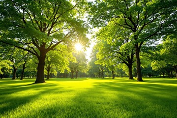 Obraz premium Sunlight filtering through lush green trees in a peaceful park setting.