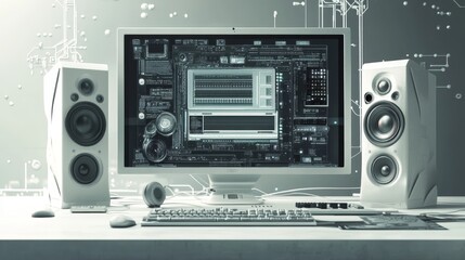 Obraz premium Desktop with speakers and monitor