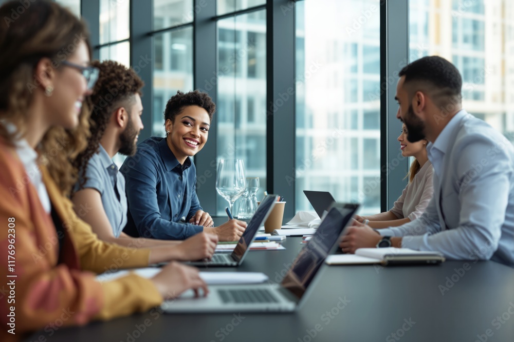 Poster business meeting with diverse team members in modern office setting with large glass windows and cit