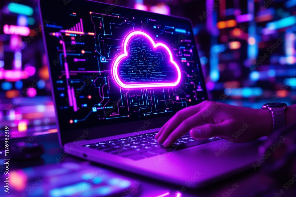 Poster Neon cloud icon on laptop screen with hand typing on keyboard in vibrant futuristic setting.