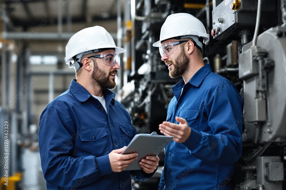Aufkleber industrial workers discussing with safety equipment in a factory setting.